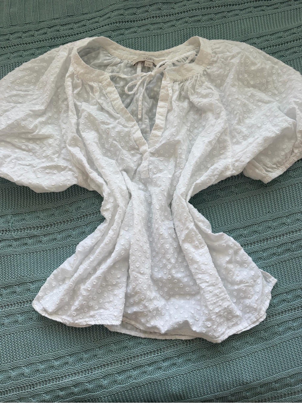 LOFT White Swiss Dot Tie-Neck Blouse Size Medium - Picture 4 of 5